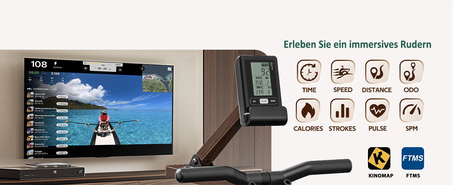 Домашній гребний тренажер з дерева з водяним опором 90°, Bluetooth-дисплей, максимальний зріст користувача 200 см, 2 роки гарантії