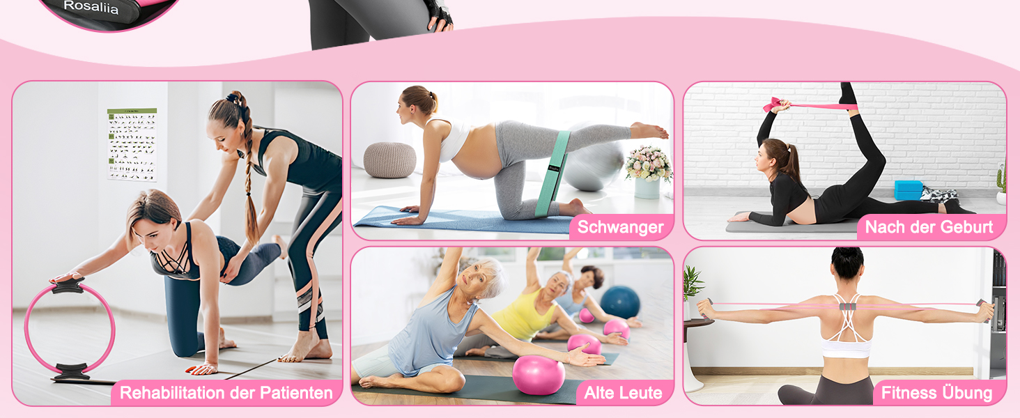 Набір для пілатесу: кільце, фітнес-гумка для стегон, стрічка для розтяжки, фітнес-постер (рожевий)