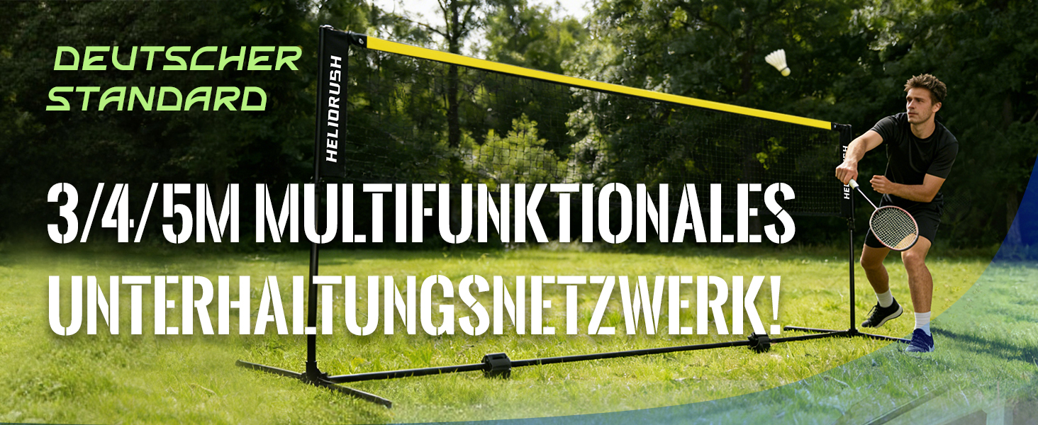 Мережа для бадмінтону та волейболу з регульованою висотою (3/4/5м) для саду, пляжу, басейну. Сталевий каркас, HDPE сітка. Чорно-жовта, 400 см