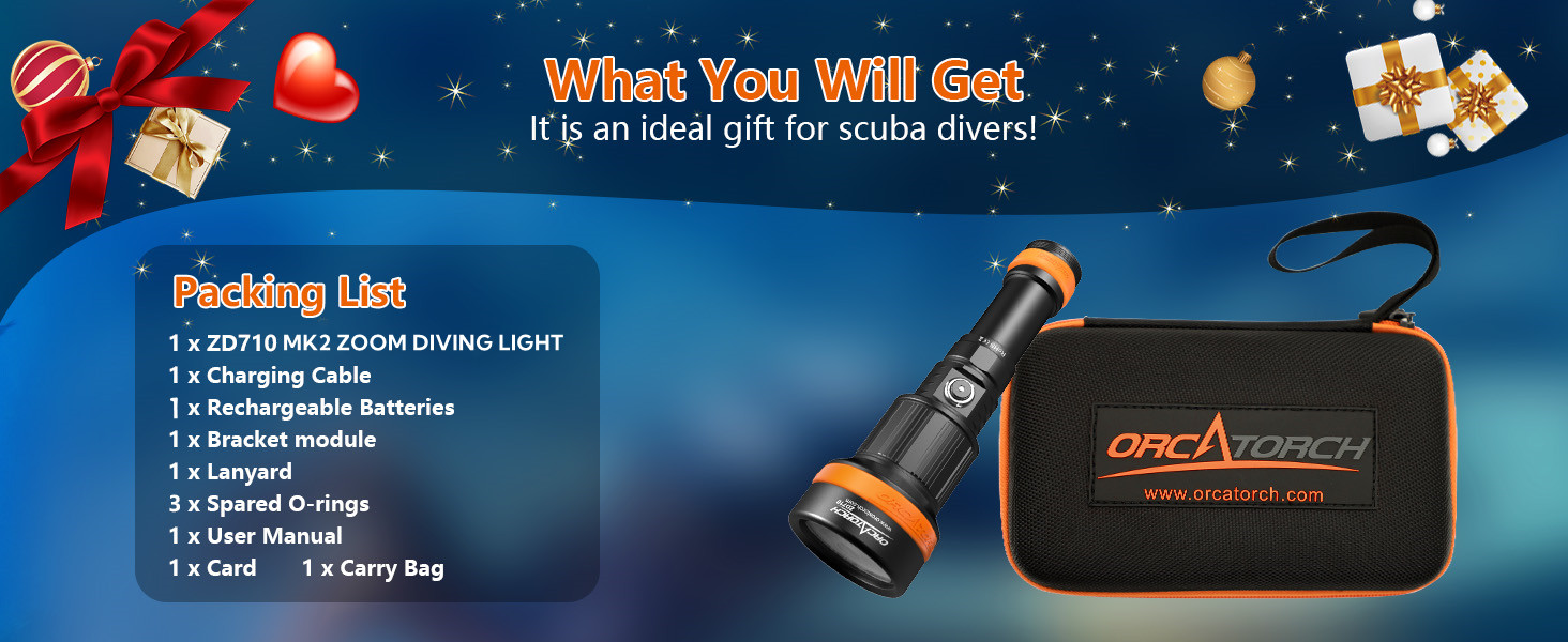 Ліхтар підводний ORCATORCH ZD710MK2 LED з регулюванням фокусу, 1500 люмен, 4 режими, 2-в-1 (прожектор та світло, що розливається), IP68, водонепроникність до 150м, акумулятор для дайвінгу, кемпінгу