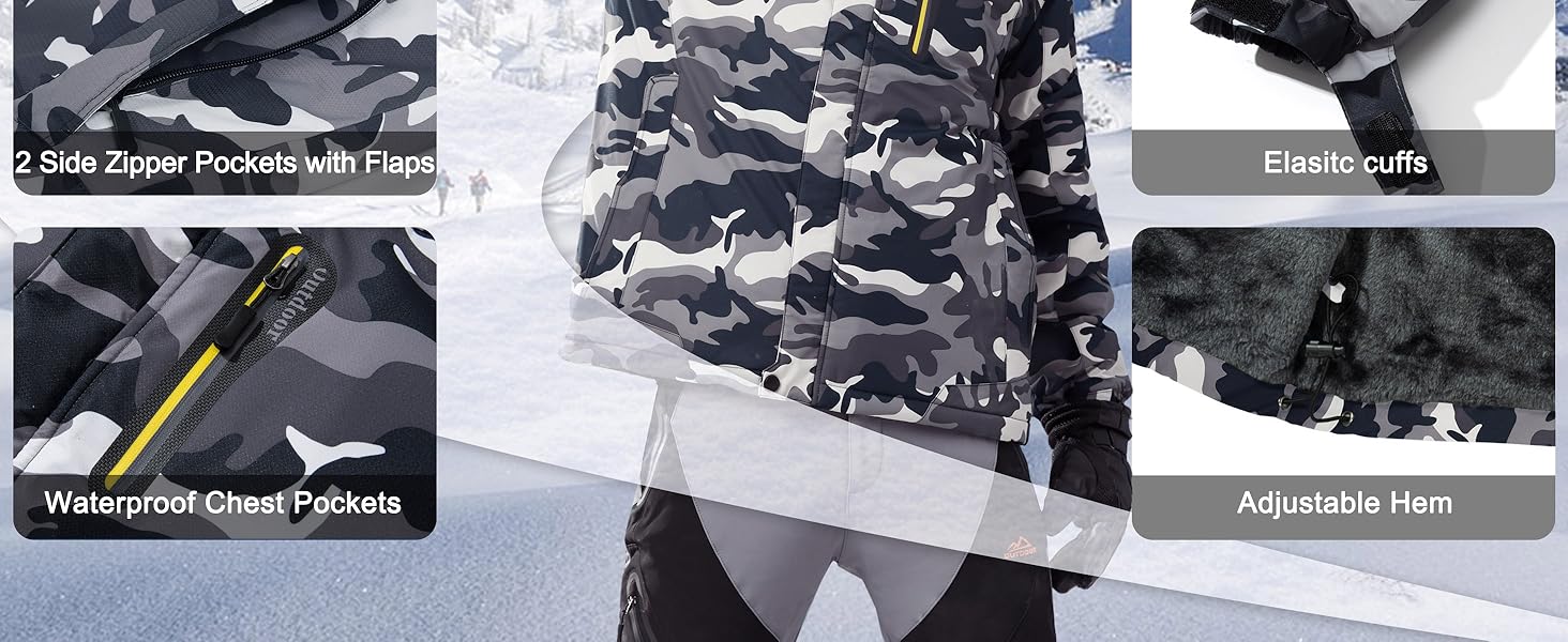 Чоловіча зимова флісова куртка MAGCOMSEN з підкладкою, для катання на лижах, Outdoor, вітронепроникна, водонепроникна, тепла, функціональна куртка з капюшоном для походів та кемпінгу (Чорний-Камуфляж, L)