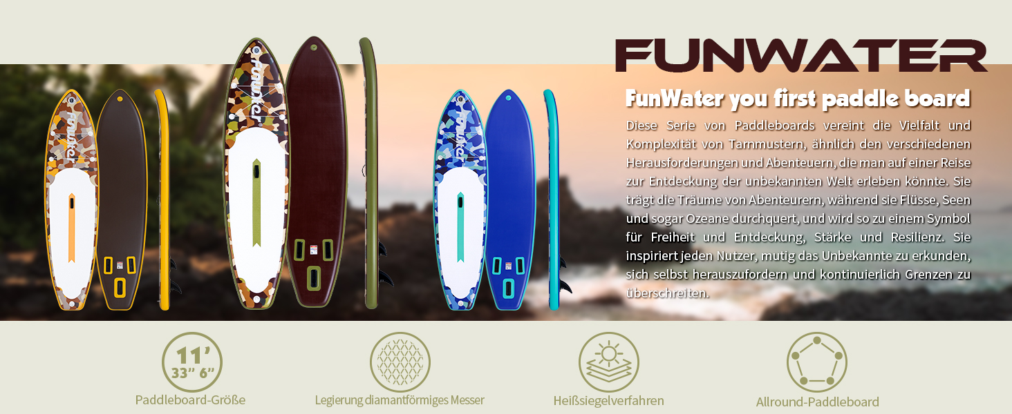 Надувний SUP-борд FunWater 11'10'6' з аксесуарами: весло, насос, сидіння. Кольори: ADLER-SCHWARZ&GRAU, CAMO-BRAUN