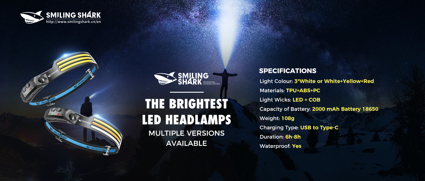 Налобний ліхтар Smiling Shark: 2 шт., 230° кут огляду, 3 LED, біле світло, водонепроникний, для бігу, кемпінгу