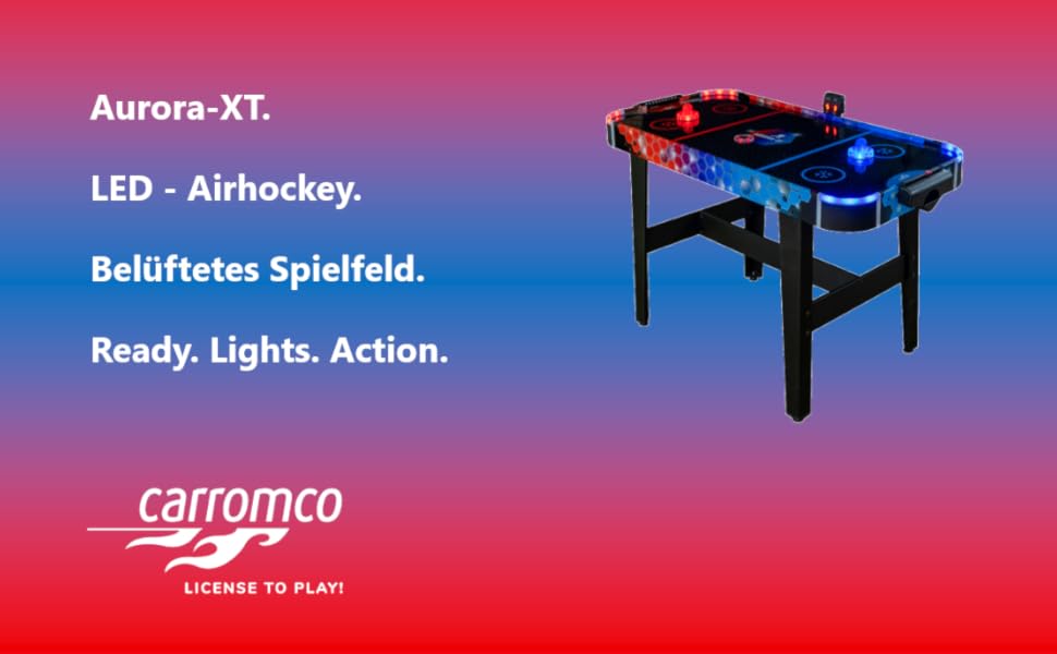 Airhockey стіл Aurora-XT від Carromco – великий стіл для аір-хокею з LED підсвіткою для дітей та дорослих від 7 років, 131x62x79 см, з LED шайбами та пушером, блок живлення