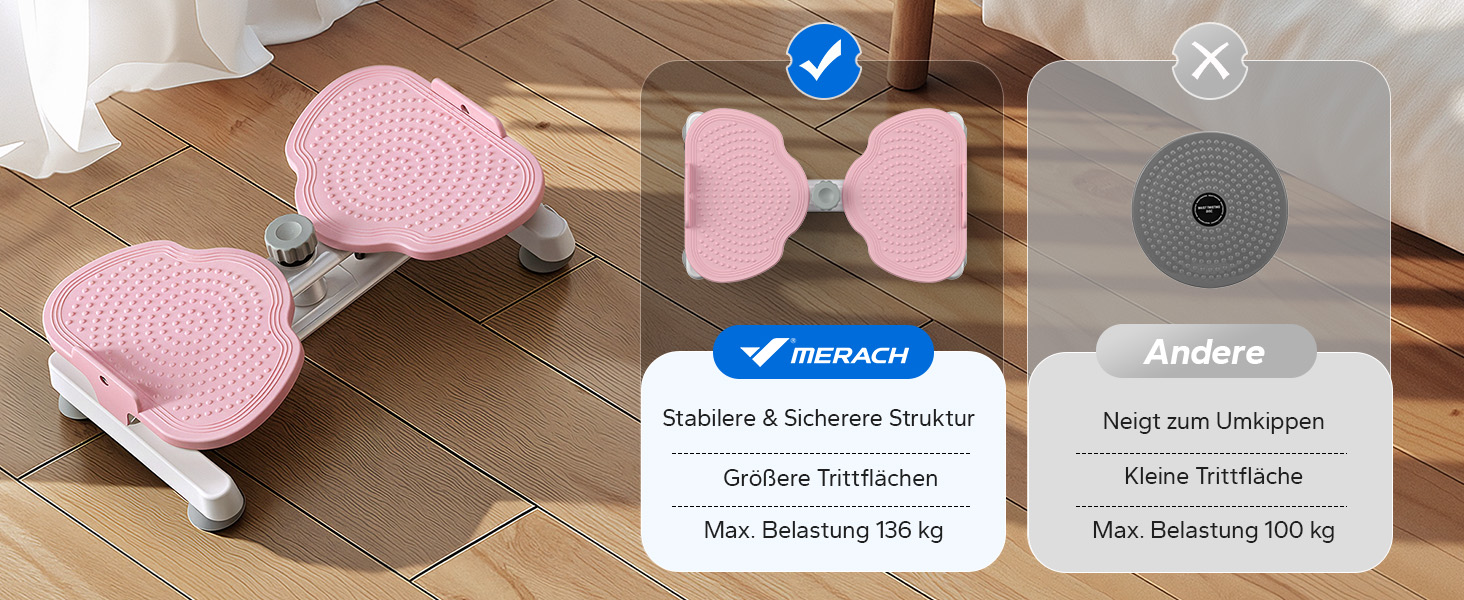 MERACH Диск для скручування тазу, тренажер для пресу з 2 еластичними стрічками, для підтяжки талії та кор-тренінгу, до 136 кг, безшумний фітнес-інвентар для дому (Рожевий)