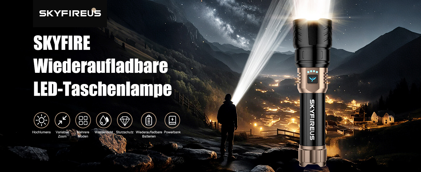 Ліхтарик LED SKYFIRE акумуляторний 5000 люмен, з функцією запалювання, зумом та Power Bank для кемпінгу та надзвичайних ситуацій