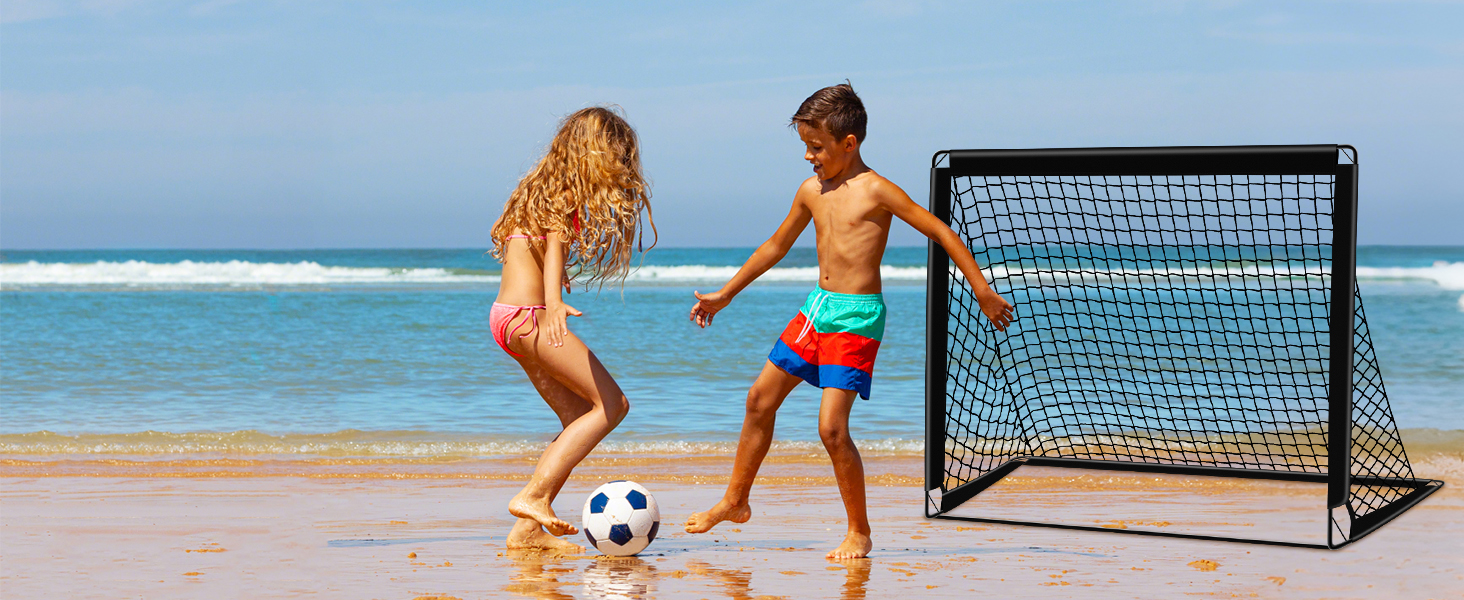Дитячі ворота для футболу 2-в-1, 150x120 см, портативні та стабільні, 5 цілей, 4 анкера, сумка, для саду, парку, пляжу, чорний