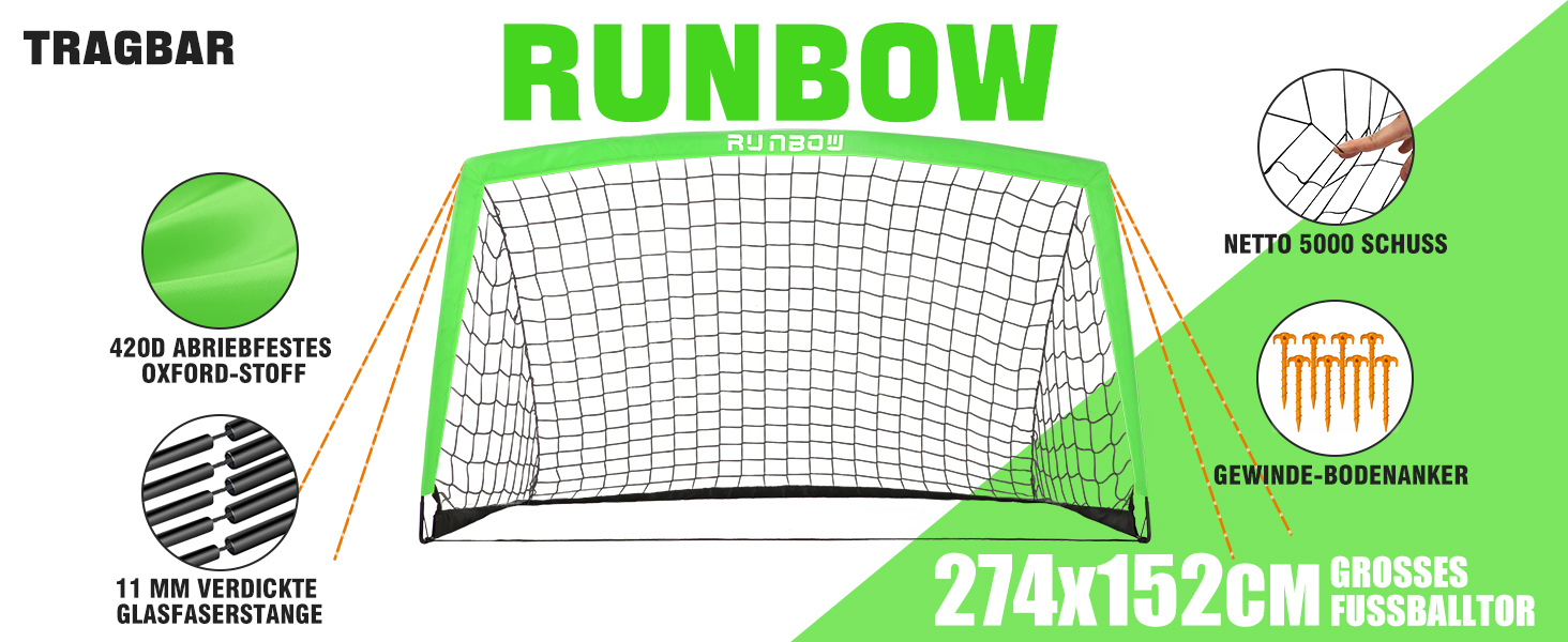 Ворота для футболу RUNBOW для дітей, портативні, для двору, дитяче тренування, з сумкою для перенесення, 2,7 x 1,5 м (зелені)