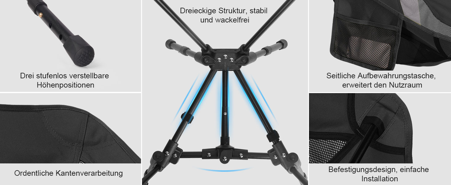 Складний туристичний стілець TOPCHANCES для кемпінгу та відпочинку на природі, чорний. Максимальне навантаження: 150 кг, з бічною кишенею та дихаючою сіткою.