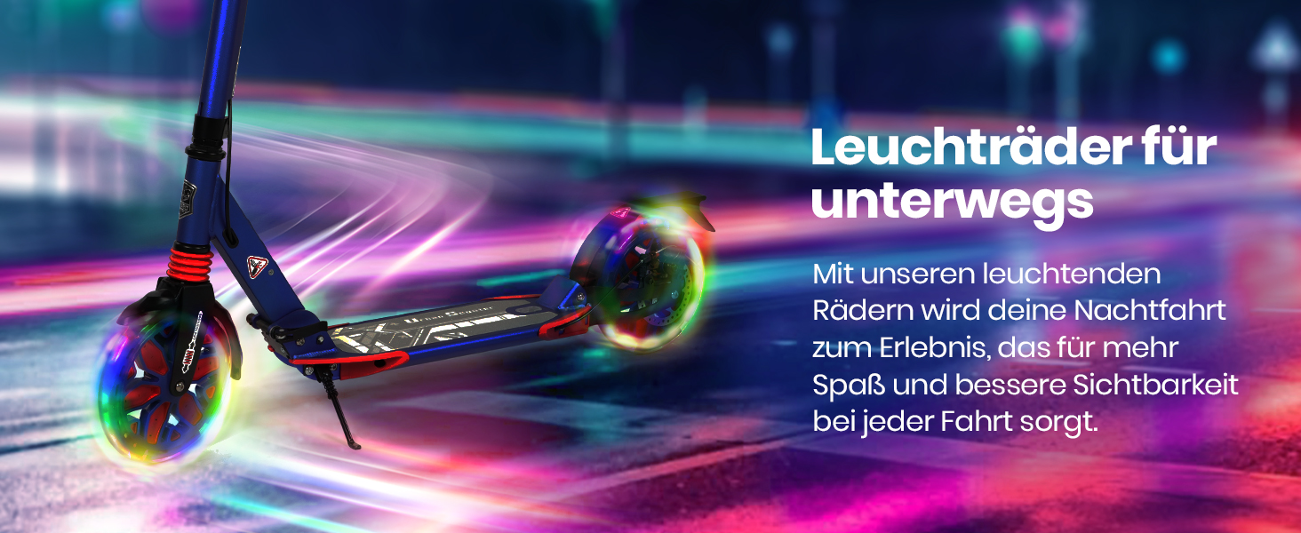 Самокат трюковий Kickscooter LED-синій, для дітей 8-12 років та дорослих, колеса 200 мм, дискові гальма, складаний, з ременем та подвійною амортизацією