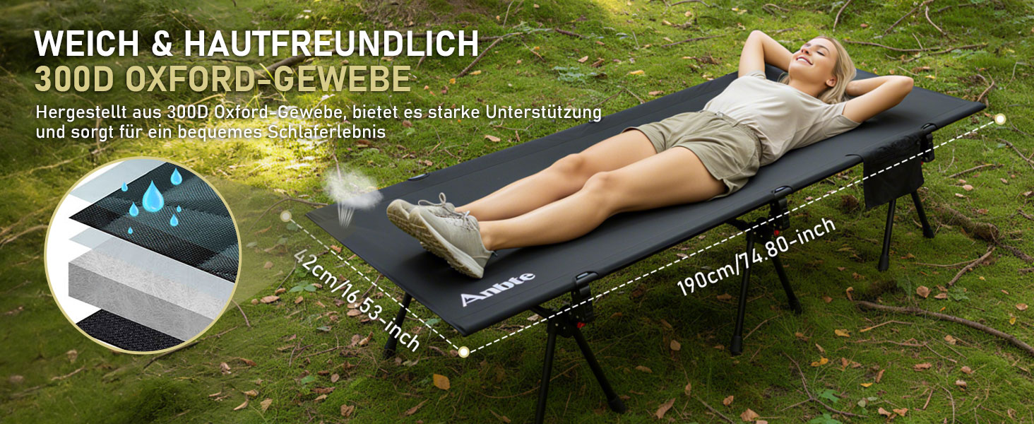 Кемпінгове ліжко Anbte: легке, розкладне, 190x70 см, алюміній, 2 положення висоти, до 180 кг, з сумкою