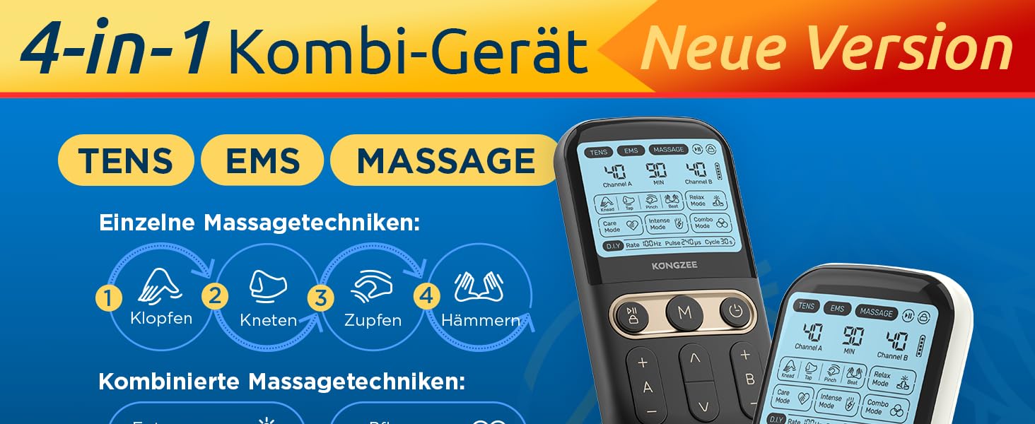 Пристрій 4-в-1 для домашнього майстерності EMS: масаж, стимуляція м'язів та нервів. Двоканальний TENS-терапевтичний пристрій для зняття болю, схвалений FDA, з 12 електродних подушечок. Чорний