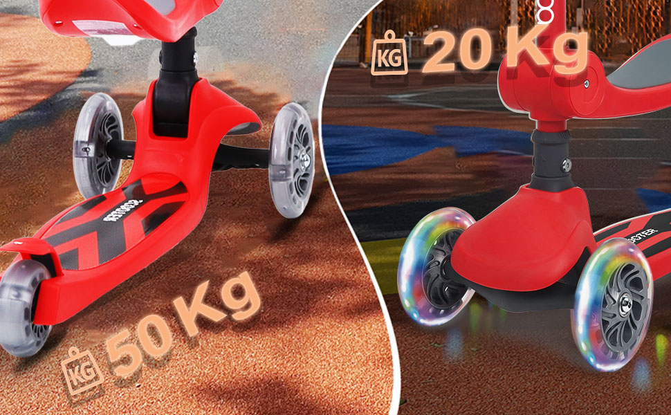 Дитячий самокат-триколісник 2 в 1 Stompa Roller для дітей від 2 років до 50 кг, з LED-колесами, складаним сидінням та регулюванням висоти (Червоний)