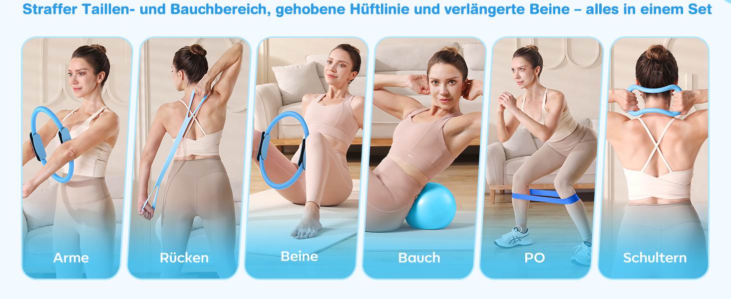 Набір для пілатесу 13 шт: кільце 13', м'яч 10' та еластичні стрічки для жінок вдома. Комплект обладнання для пілатесу для початківців, стрічки та аксесуари (блакитний)