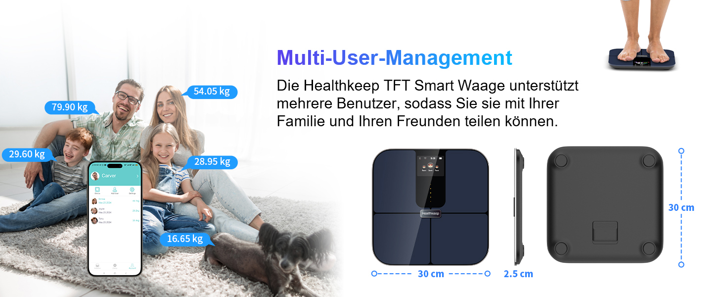 Розумні ваги Healthkeep з Bluetooth, TFT-дисплеєм, ITO, вимірюванням 25 параметрів тіла та пульсу, для Android і iOS, до 180 кг, сині