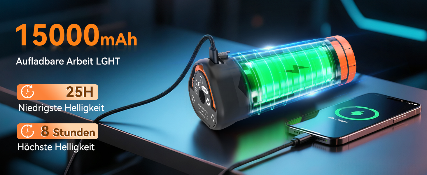 Портативна LED кемпінгова лампа 15000mAh з телескопічним штативом, 5500LM, IP65, вологостійка, для кемпінгу, подорожей, бастіону, намету, з підсвічуванням (Помаранчевий)