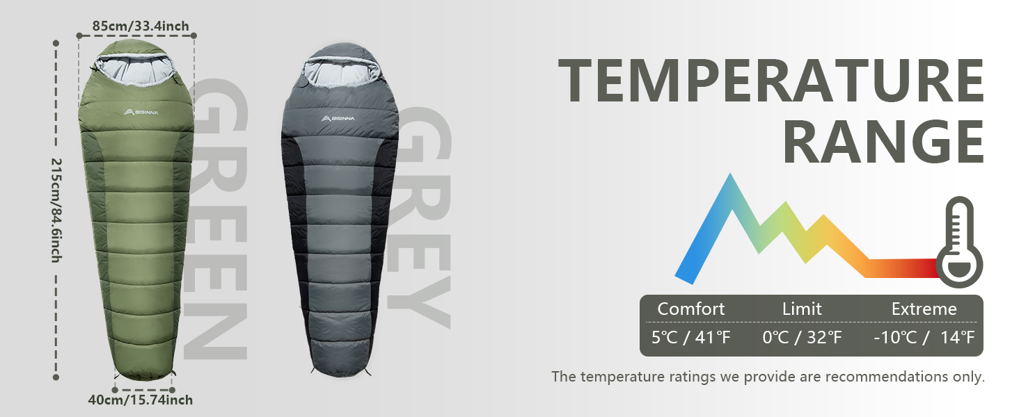 Спальний мішок BISINNA Mumienschlafsack -10°C - 5°C [400GSM] для туризму, кемпінгу та подорожей (сірий)