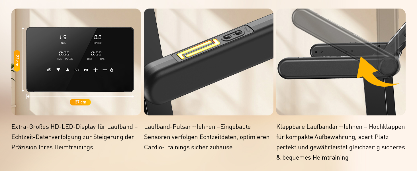 Складний біговий тренажер для дому з автоматичним нахилом 15%, потужність 3.5 PS, 12 програм HIIT, Smart App, швидкість 1-14 км/год, LED дисплей, вимірювання пульсу, вантажопідйомність 136 кг, чорний