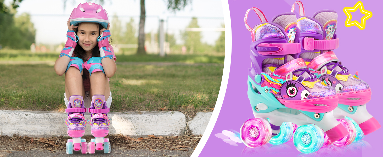 Дитячі ролики Єдиноріг для дівчаток та хлопчиків, регульовані розміри, світлові колеса, ролики-човники для початківців, фіолетовий колір