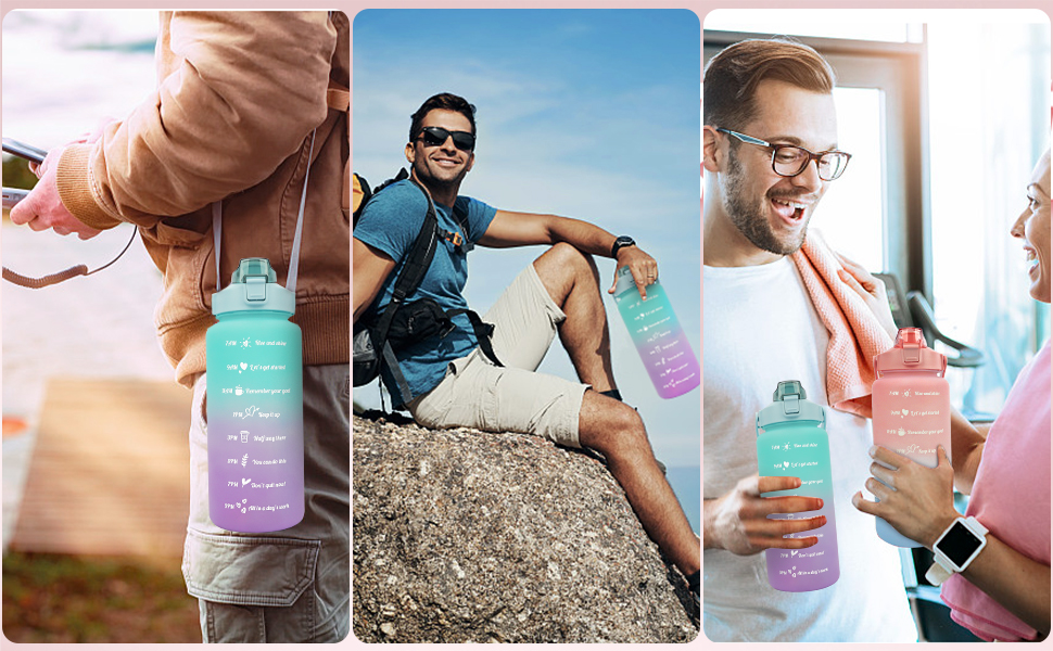 Спортивна пляшка для води MOMSIV 2L з трубочкою та відсіком для фруктів, з мітками часу, чорна, витіювання зелено-фіолетове