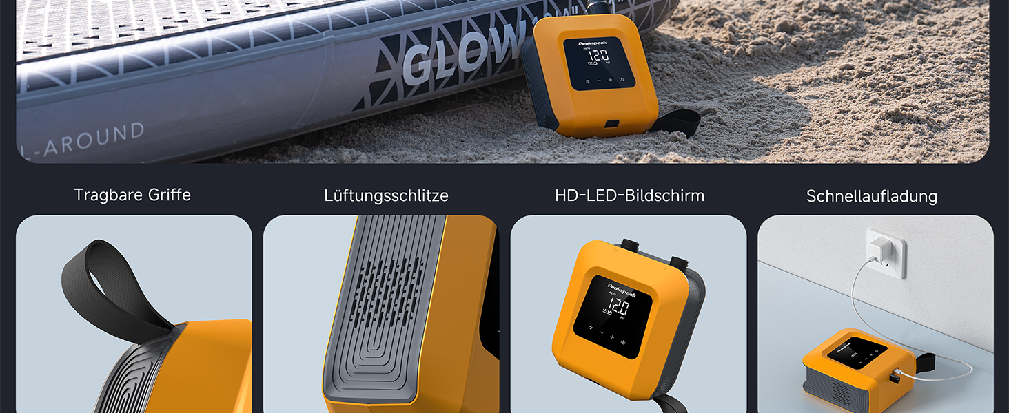 Електричний SUP насос Peakspeak 20PSI з акумулятором - перезаряджається, автоматичне надування/спускання, для SUP-дошок, каяків, наметів, матраців, помаранчевий