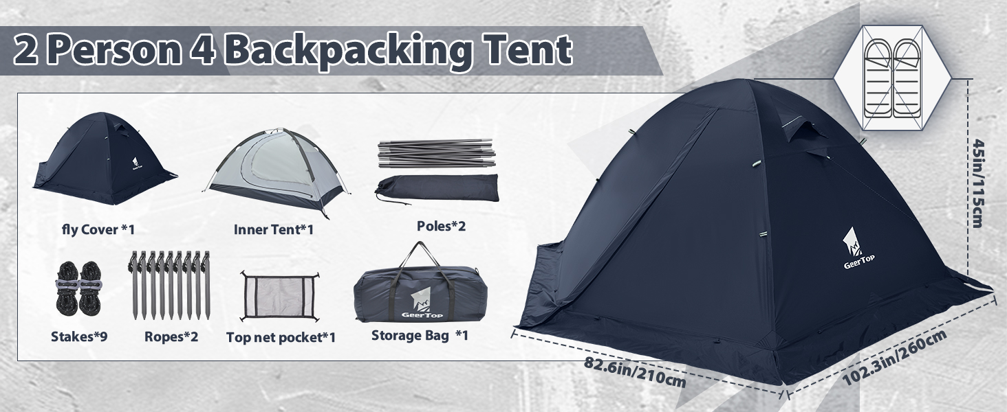 Намет GEERTOP для 2 осіб, куполоподібний, туристичний, водонепроникний, 4 сезони, для кемпінгу, походів, подорожей та альпінізму, синій