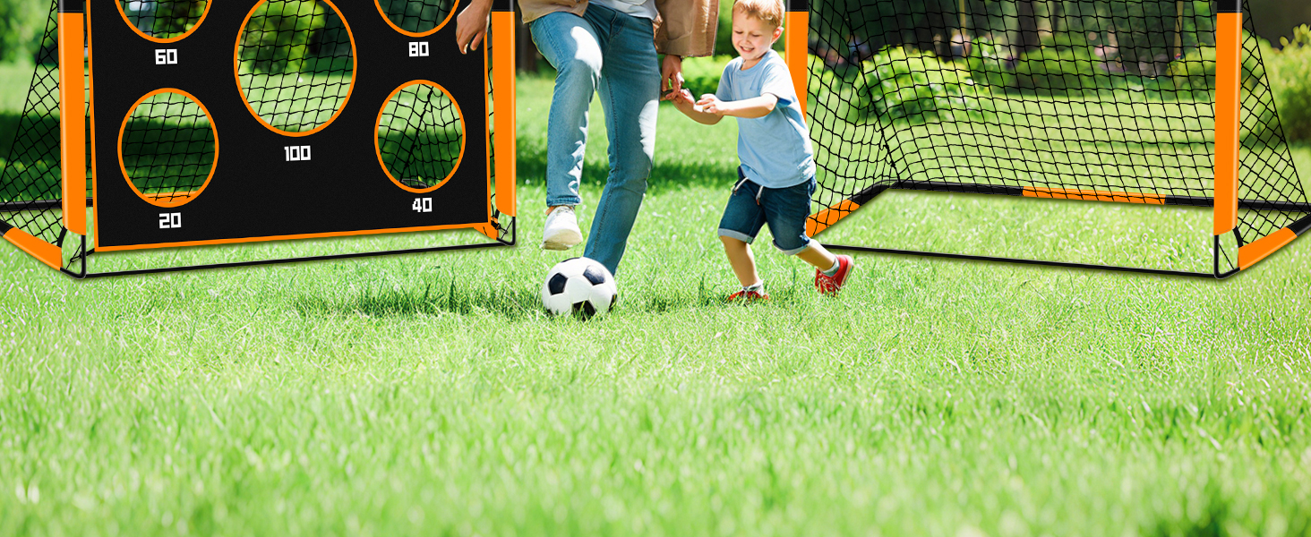 Дитячі воріта для футболу 2-в-1, 150х120 см, портативні та стабільні, з 5 зонами для забивання, 4 кілочки для кріплення та сумка для перенесення, для саду, парку, пляжу, оранжеві