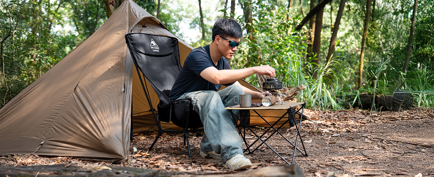 Стілець для кемпінгу OneTigris OASISFLEX, висока спинка, 150 кг, складний, легкий, з інтегрованим хрестоподібним каркасом, для риболовлі, з 2 кишенями, для відпочинку на природі, піших прогулянок (чорний)