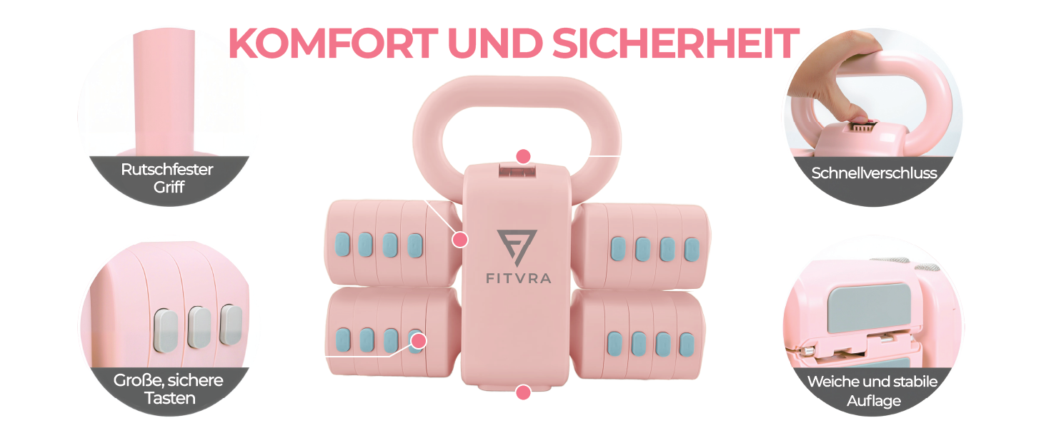 Регульовані гантелі 2 в 1 + гвинтівка (kettlebell) – Набір гантелей для жінок, Рожеві, короткі гантелі 1–3 кг & гвинтівка 2,5–6,5 кг, з 3 еластичними стрічками та інструкцією