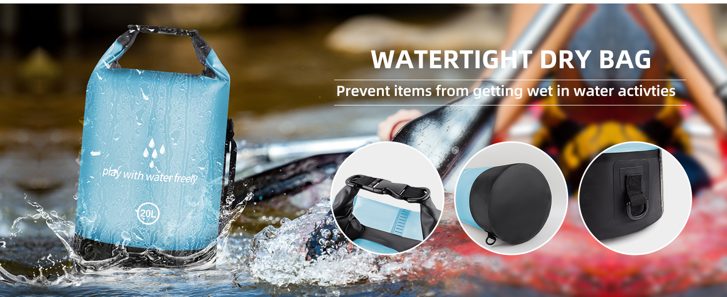 Водонепроникний сухий мішок GES 20 л Roll-Top з кишенею для телефону - для каякінгу, сплаву, кемпінгу та риболовлі (Світло-блакитний)