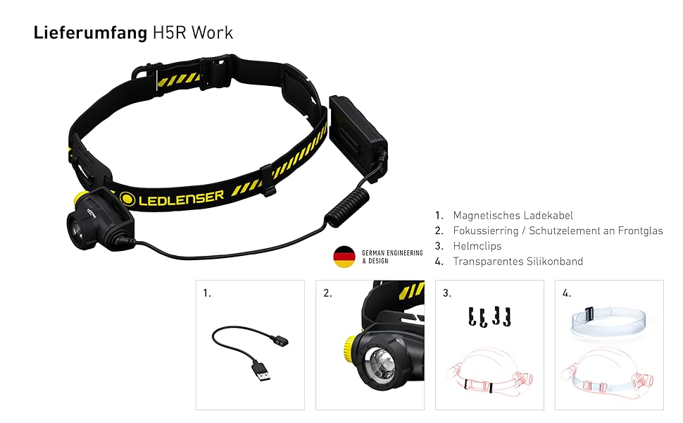 Ліхтар налобний LED Ledlenser H5R Work, 350 люмен, водонепроникний IP67, регульований, поворотний, з плавним регулюванням яскравості, 2xAA батарейки, дальність освітлення 160м, з батарейками