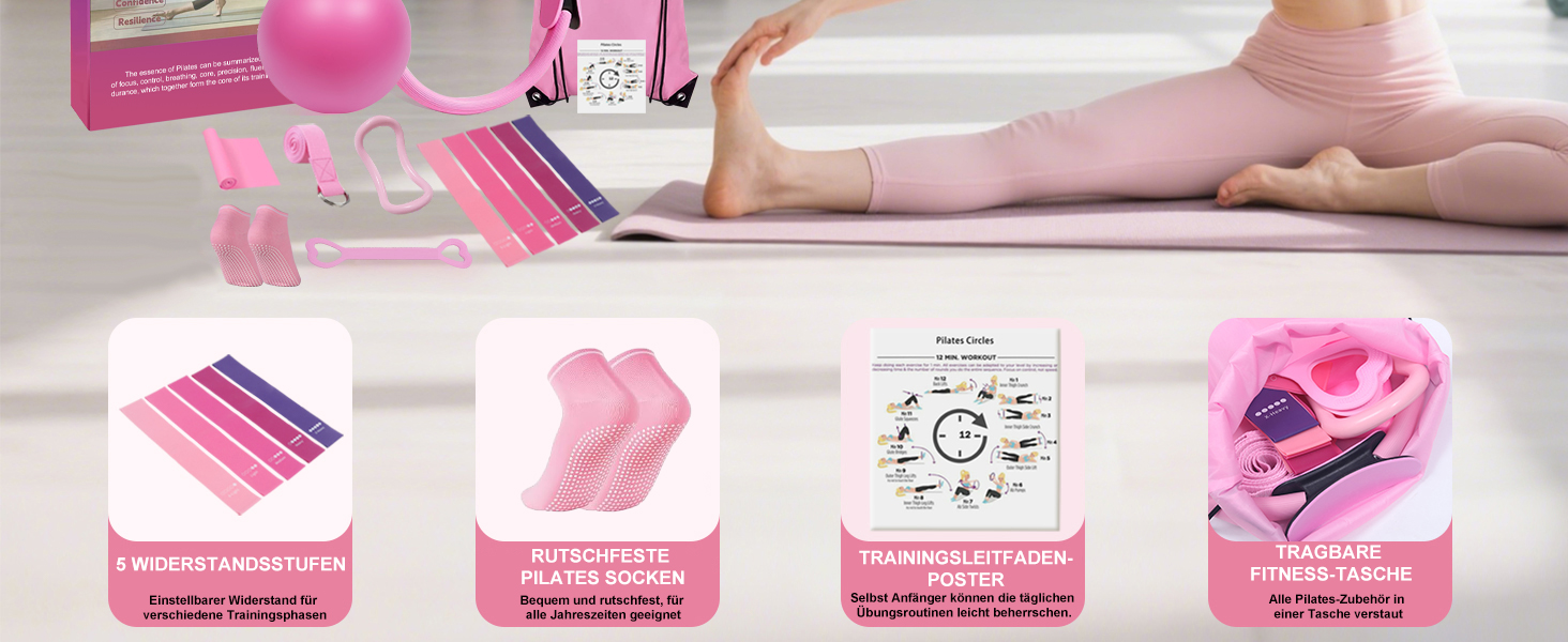 Набір для пілатесу Pilates Set 13 предметів: кільце, м'яч, гумки, шкарпетки, постер, сумка для тренувань. Пілатес вдома для жінок, рожевий колір