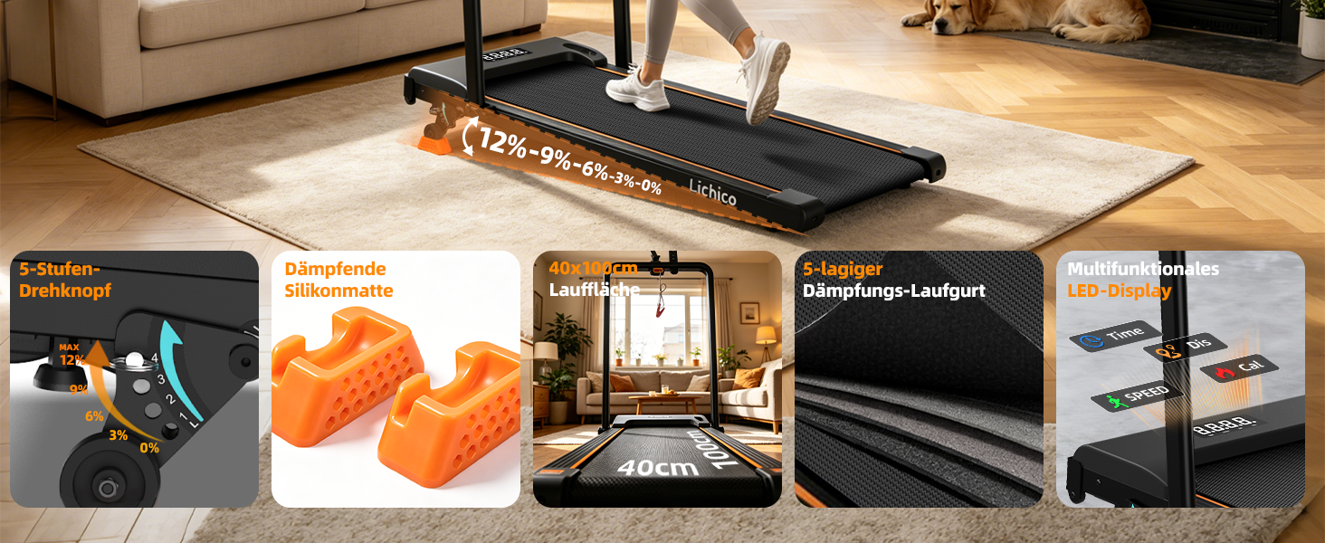 Складана бігова доріжка Lichico для дому, Walking Pad зі схилом 12% та швидкістю до 12 км/год