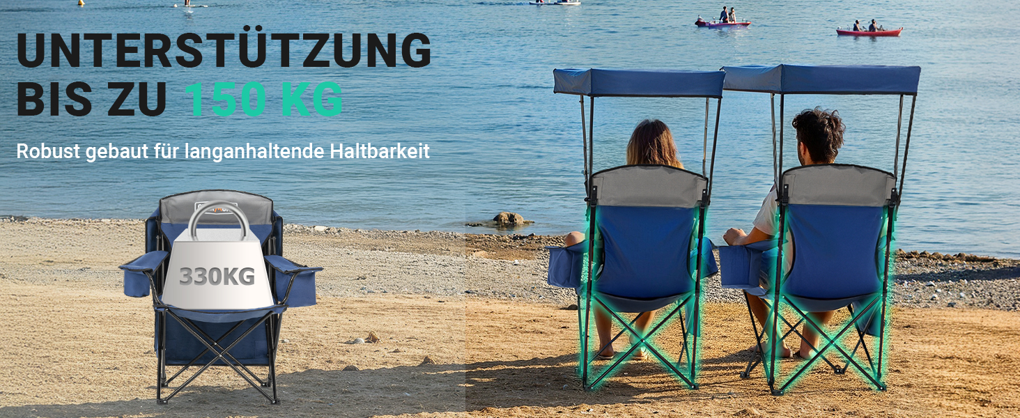 Крісло для кемпінгу OVERMONT складне з сонцезахисним дахом - пляжне крісло, складне з тримачем для напоїв та сумкою-холодильником - шезлонг з дахом для відпочинку на природі, риболовлі, саду (Blaugrau)