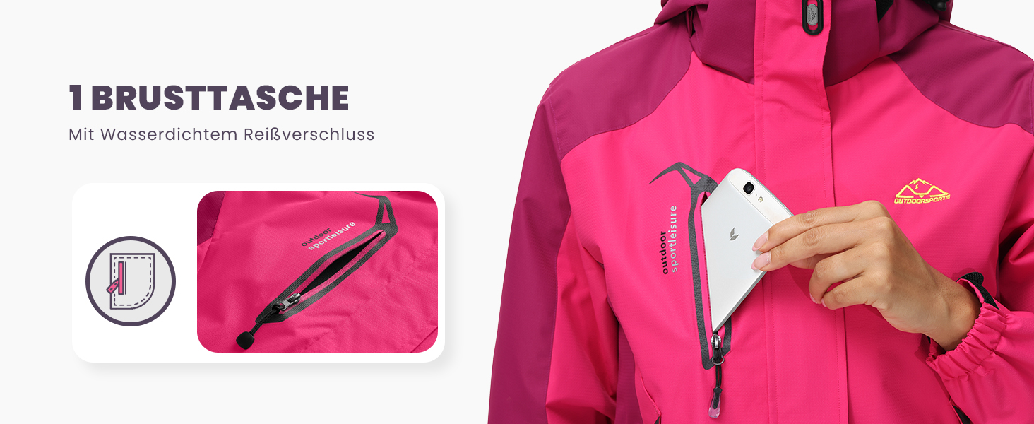 Жіноча трекінгова куртка Outdoor Легка перехідна куртка Вітронепроникна куртка Водонепроникна куртка-дощовик Дихаюча функціональна куртка з відстібаною капюшоном, Рожево-червоний колір, Розмір L