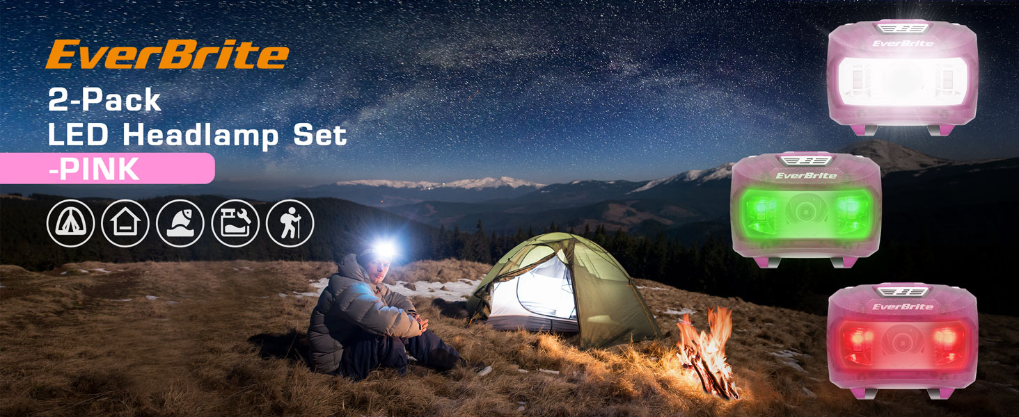 LED налобний ліхтар EverBrite 2 шт. Рожевий з червоним та зеленим світлом, 5 режимів, для кемпінгу та відпочинку на природі