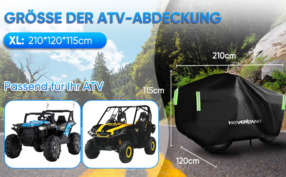 Водонепроникний чохол для квадроцикла NEVERLAND ATV XL (210x120x115 см), захисний покрив з тканини 300D Oxford, стійкий до UV, дощу та пилу, чорний