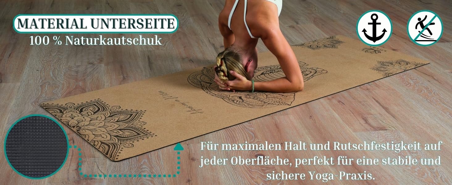 Кікура Йога-мат з корку та натурального каучуку з мотивом слона – Нековзна преміум-мат, 4 мм, з ремінком – Екологічна, 3 розміри (M, L, XL), XL - 200x68x0,4 см