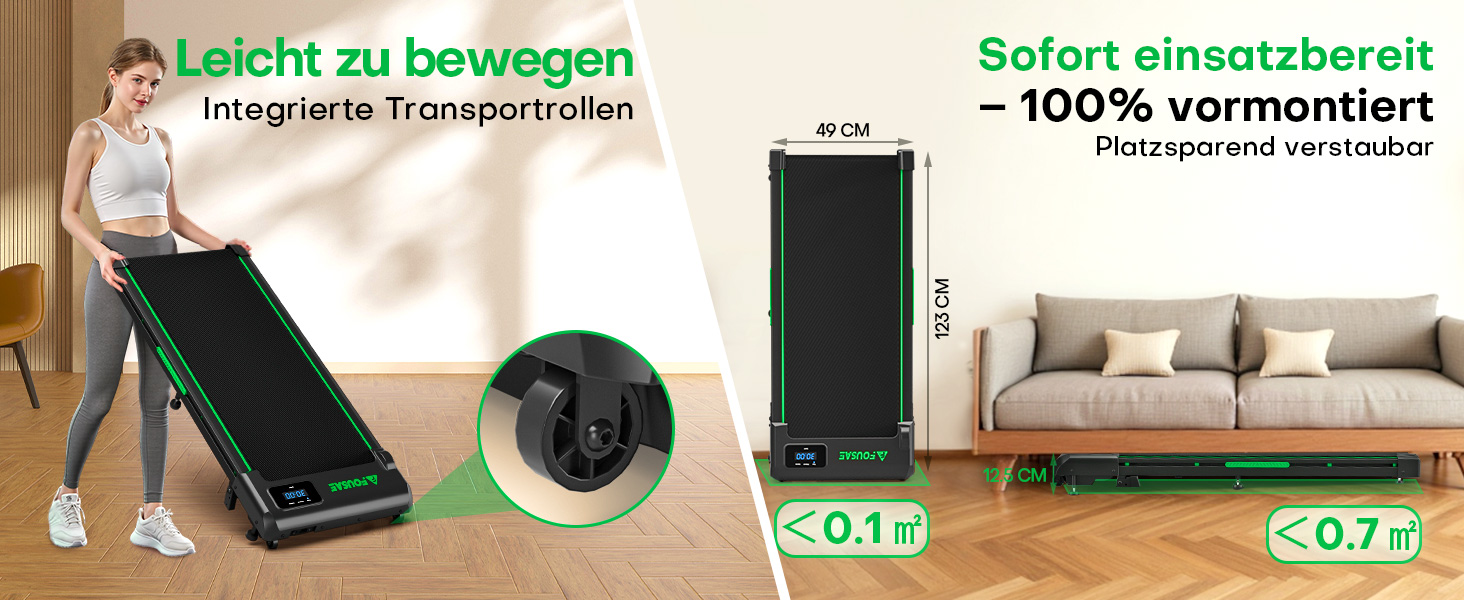 Walking Pad FOUSAE: Бігова доріжка для дому з регулюванням нахилу до 9%, LED-дисплеєм, пультом керування та мобільним додатком, 12 програм, до 150 кг, чорно-зелений