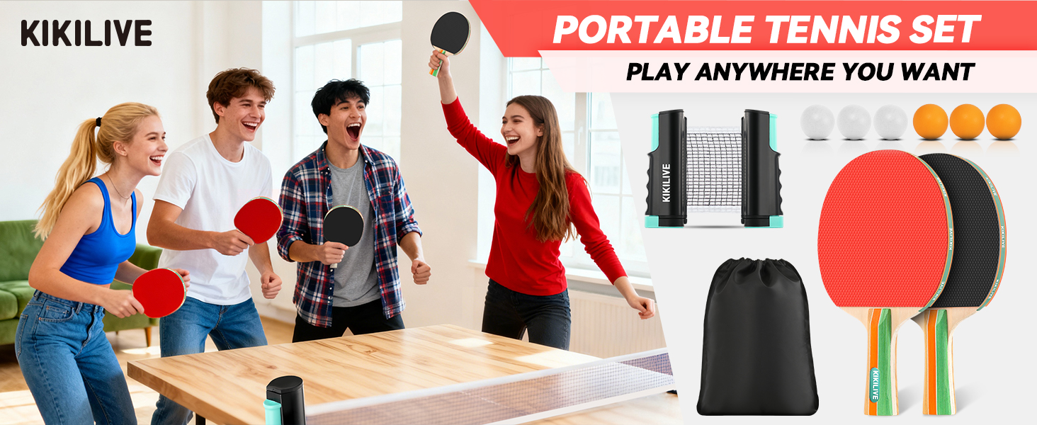 Набір для настільного тенісу з висувною сіткою, 2 ракетки, 6 м'ячів та сумка – портативний набір для гри в приміщенні та на вулиці, ідеальний для сім'ї, відпочинку та тренувань. Кольори: синій+зелений (чорний+червоний)