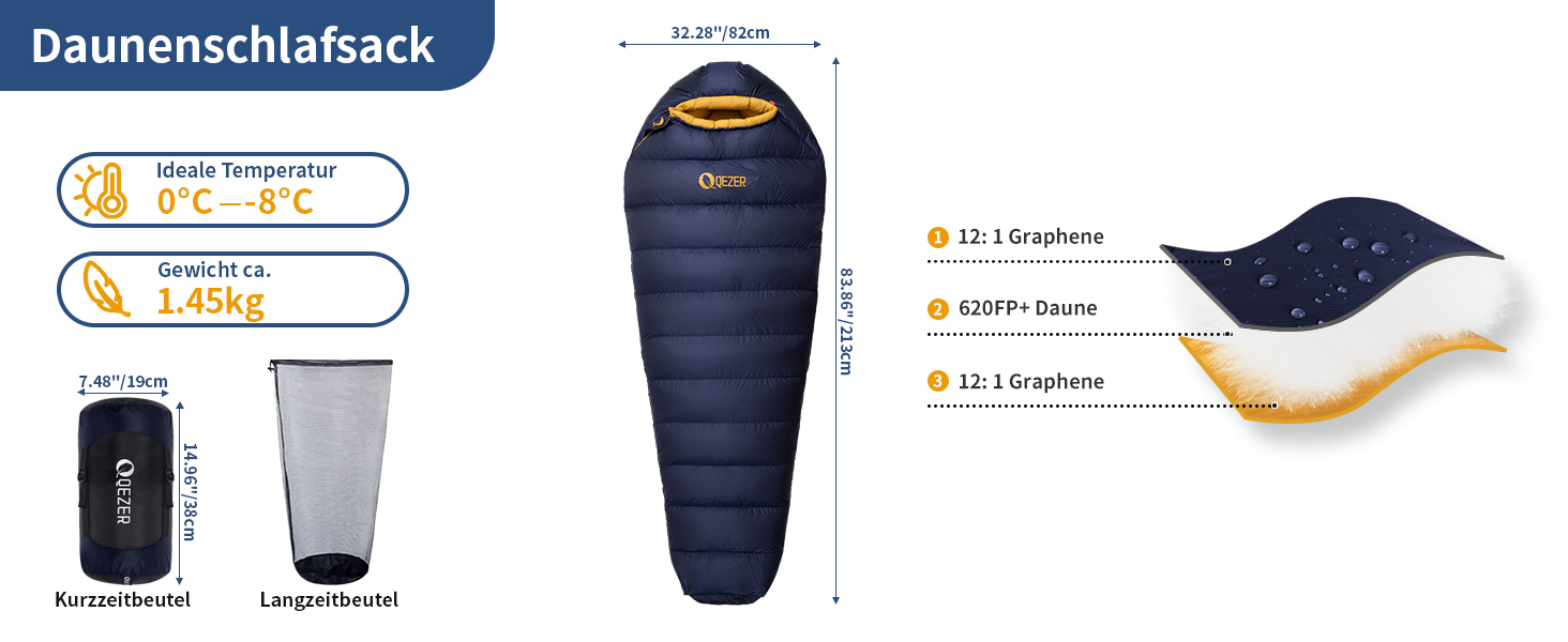 Спальний мішок зимовий Daunenschlafsack з графеновим покриттям -24°C, 1450г, 620FP, темно-синій, для кемпінгу, трекінгу та походів