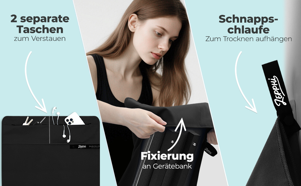 Рушник для фітнесу Zepphi: великий (120x50 см) + маленький (80x30 см) | Мікрофібра, кишеня на блискавці | Швидковисихаючий, для спортзалу та тренувань (Чорний)