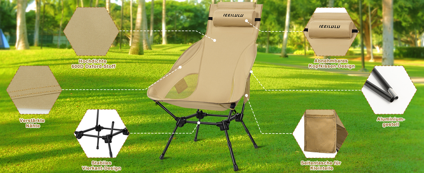 Складний туристичний стілець IEEILULU з високою спинкою, 130 кг, з кишенями, для кемпінгу, риболовлі, пікніка (колір: коричневий)