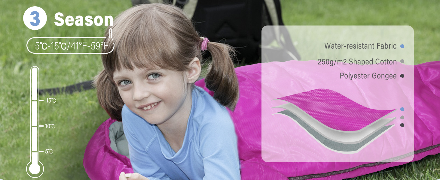 Сплячий мішок для дітей REDCAMP 175x65 см, рожевий. Теплий, зручний, регульований, для кемпінгу та відпочинку на природі. 3-сезонний