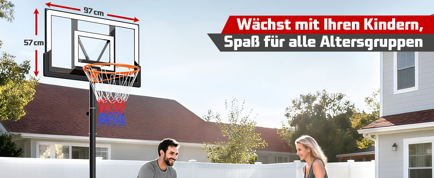 Баскетбольне кільце вуличне з підставкою, регульована висота 100-305 см, міцна задня дошка, сітка для дітей та дорослих