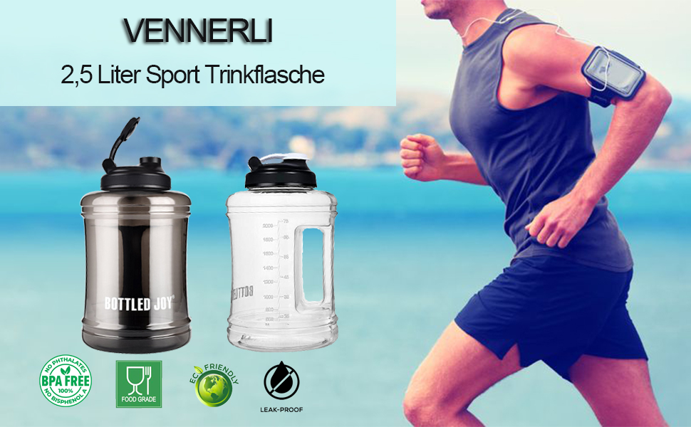 Спортивна пляшка для води Vennerli 2,5 л з мірною шкалою та ручкою, витокозахисна, чорна, прозора