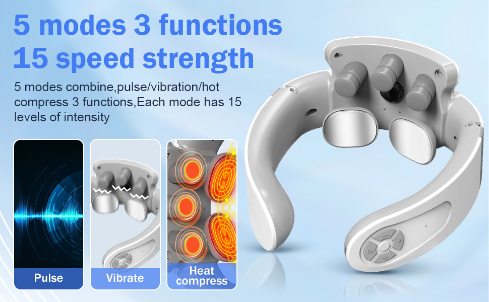 Масажер для шиї, електричний, з підігрівом 42°C, 5 режимів, 15 рівнів інтенсивності, портативний, для дому, офісу, подорожей, сірий