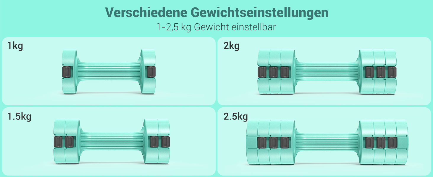 Sportneer Регульовані гантелі - набір для жінок 1-2.5 кг, 4-в-1, для дому, фітнесу, силових тренувань, подарунок (м'ятний)
