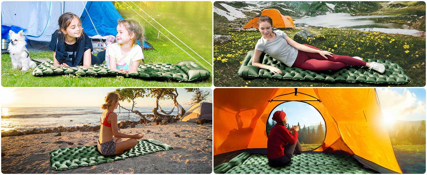 Килимок для кемпінгу Isomatte Camping Ultraleicht: надувний, легкий, водонепроникний, компактний, з подушкою, для туризму, відпочинку, спорту, подорожей, хакінгу. Зелений.