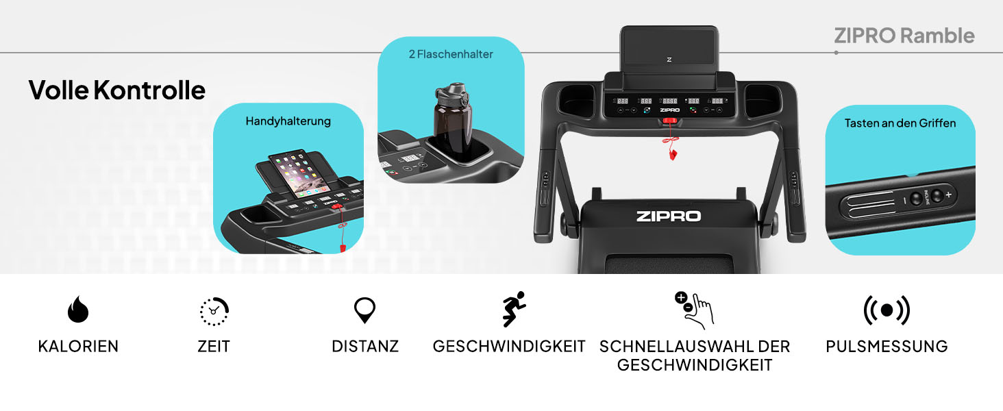 Біговий тренажер ZIPRO Klappbar: 1-16 км/год, 12 рівнів нахилу, LED-дисплей, компактний та тихий, з додатком